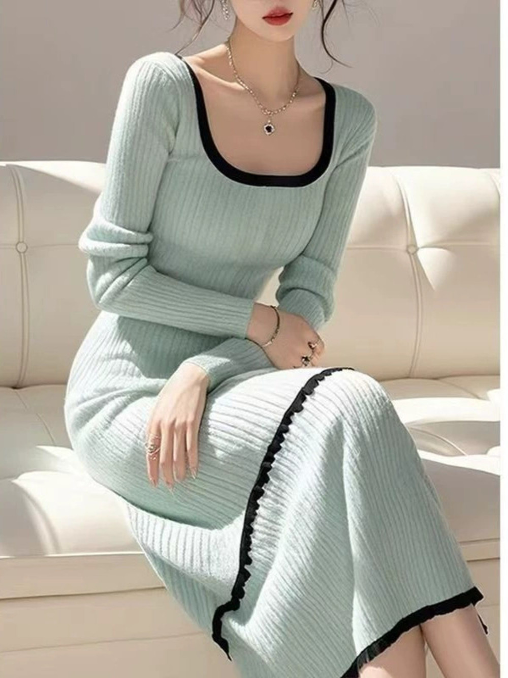 ZARA Square Neck Sweater Dress Autumn Winter Unique Elegant with Coat